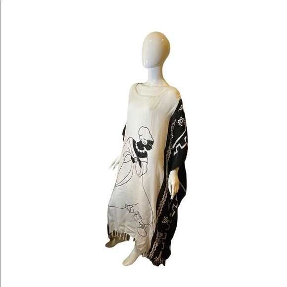 Vintage Y2K Lady Scoop Neck Tassel Kaftan MuMu Beach Cover Up 1X Black White - Picture 14 of 16
